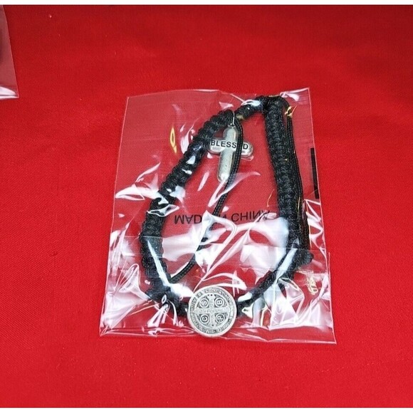St. Benedict Blessed Cross Black Bracelet Adjustable String Silver Tone Metal - Picture 5 of 6